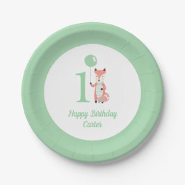 Plato De Papel Whimsical Fox & Balloon Green Happy Birthday 1er.