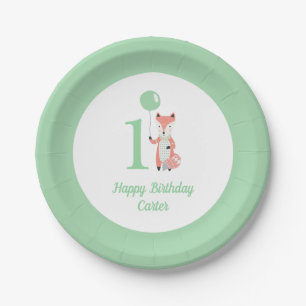 Plato De Papel Whimsical Fox & Balloon Green Happy Birthday 1er.