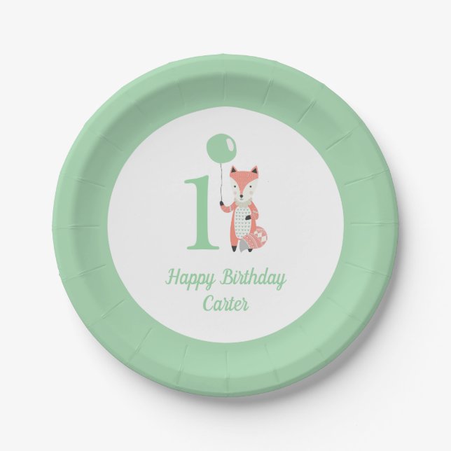 Plato De Papel Whimsical Fox & Balloon Green Happy Birthday 1er. (Anverso)