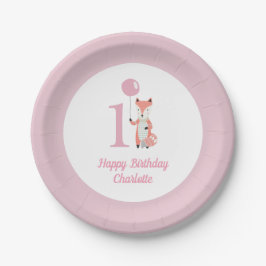 Plato De Papel Whimsical Fox & Balloon Pink Happy Birthday 1er.