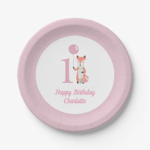 Plato De Papel Whimsical Fox & Balloon Pink Happy Birthday 1er.