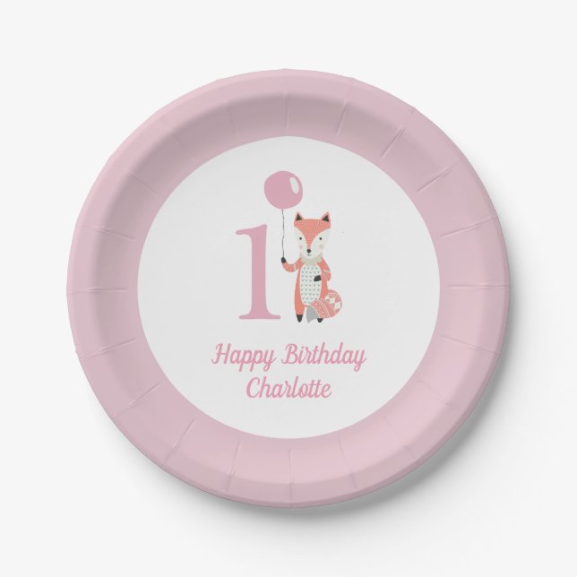 Plato De Papel Whimsical Fox & Balloon Pink Happy Birthday 1er. (Anverso)