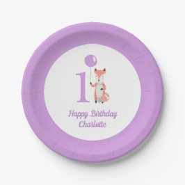 Plato De Papel Whimsical Fox & Balloon Purple Happy Birthday 1er.