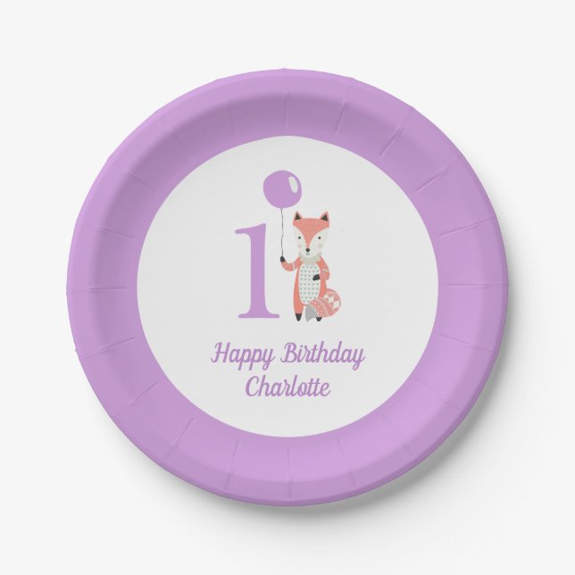 Plato De Papel Whimsical Fox & Balloon Purple Happy Birthday 1er. (Anverso)