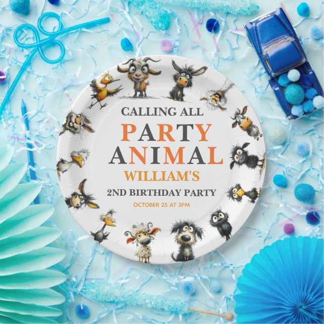 Plato De Papel Whimsical Funny Animals 2nd Birthday Party (Fiesta)