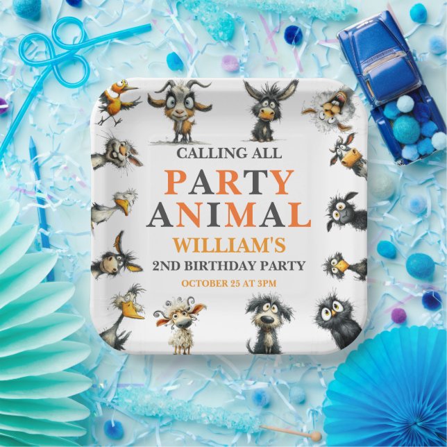 Plato De Papel Whimsical Funny Animals 2nd Birthday Party (Fiesta)