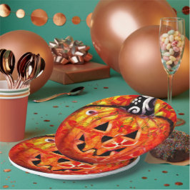 Plato De Papel Whimsical Halloween Jack-O-Lantern Resumen Naranja