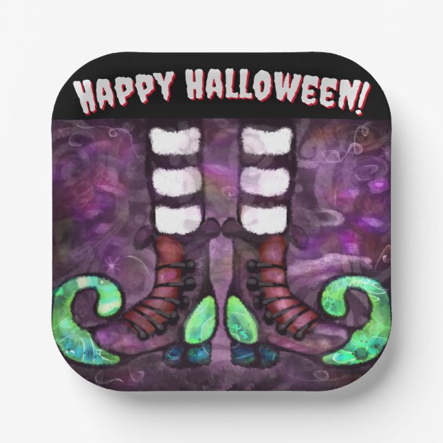 Plato De Papel Whimsical Halloween Witch Boots Purple Green (Anverso)