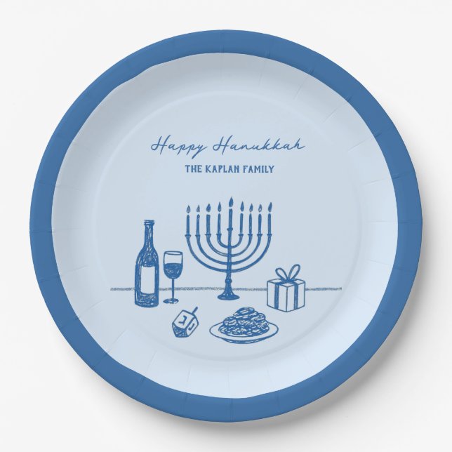 Plato De Papel Whimsical Hand Drawn Hanukkah Party Trendy Custom (Anverso)