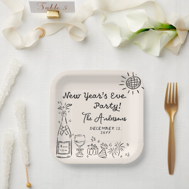 Plato De Papel Whimsical Hand Drawn New Year's Eve Party (Boda)