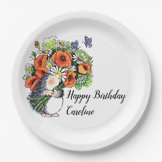 Plato De Papel Whimsical Hedgehog and Poppies Cumpleaños (Anverso)