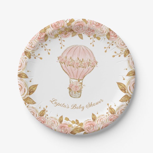 Plato De Papel Whimsical Hot Air Balloon Rosa Baby Shower (Anverso)