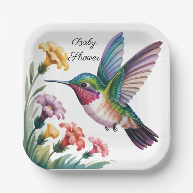 Plato De Papel Whimsical Hummingbird Floral Baby Shower (Anverso)