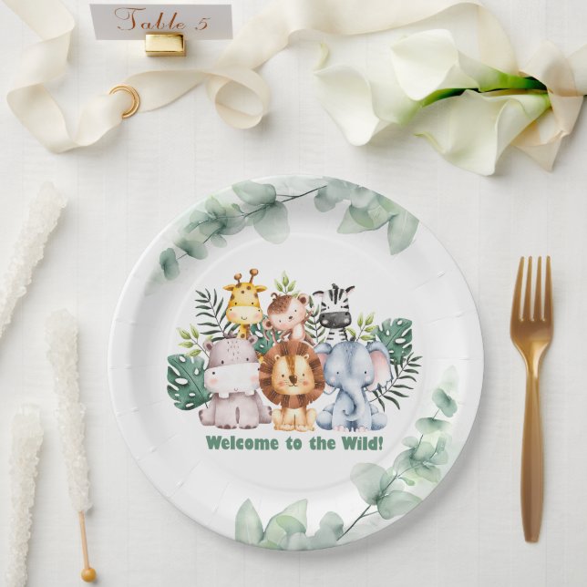Plato De Papel Whimsical Jungle Safari Animal Birthday Invitation (Boda)