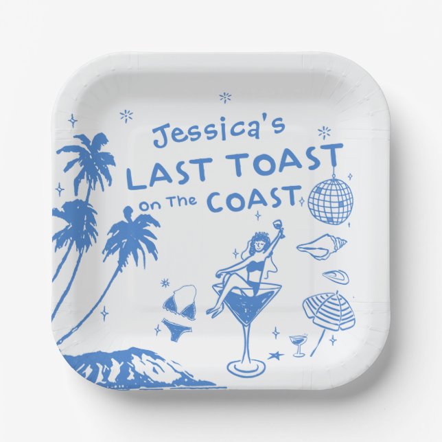 Plato De Papel Whimsical Last Toast Coast Beach Bachelorette (Anverso)