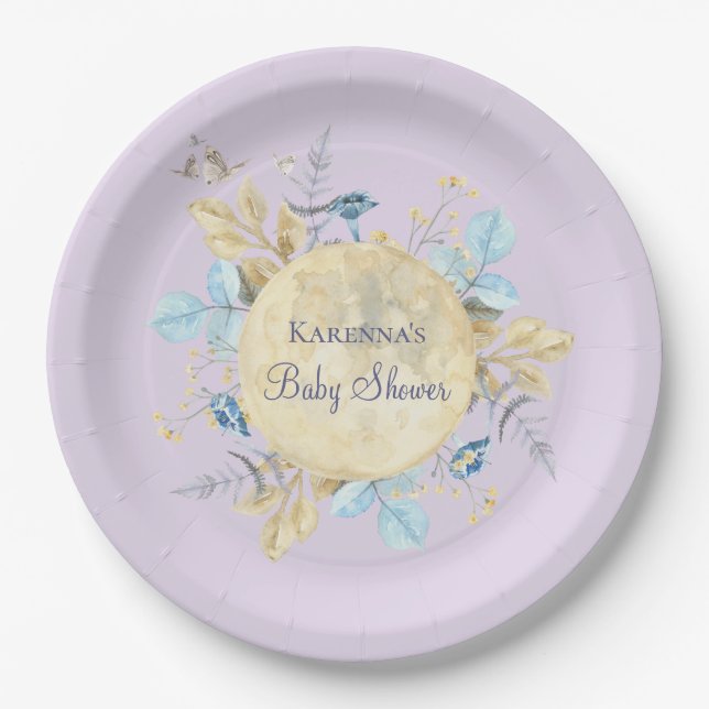 Plato De Papel Whimsical Moon Lavender Purple Baby Shower (Anverso)