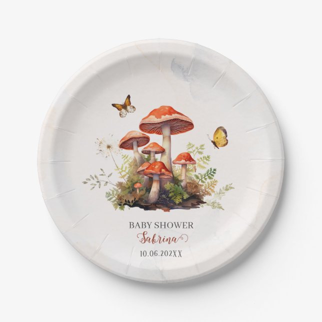 Plato De Papel Whimsical Mushroom Watercolour baby ducha (Anverso)