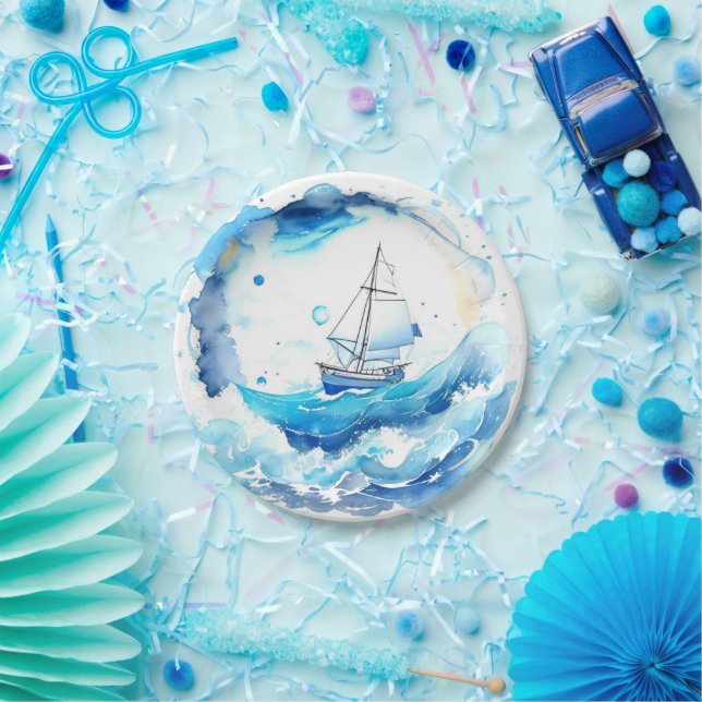 Plato De Papel Whimsical Nautical Watercolor Boy Baby Shower (Fiesta)