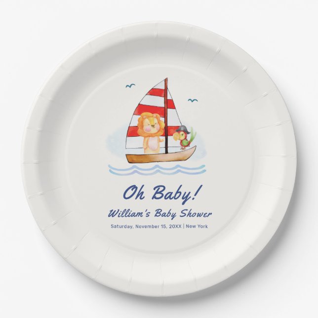 Plato De Papel Whimsical Nautical Wild Lion Sailboat Baby Shower (Anverso)