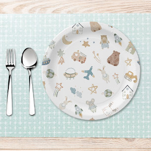 Plato De Papel Whimsical Oh Boy Watercolor Doodle Baby Shower