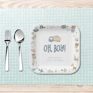 Plato De Papel Whimsical Oh Boy Watercolor Doodle Baby Shower