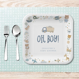 Plato De Papel Whimsical Oh Boy Watercolor Doodle Baby Shower