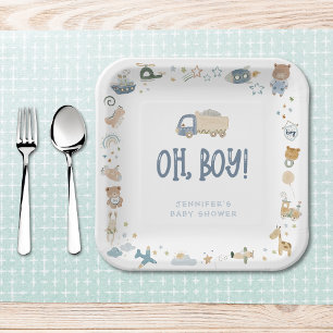 Plato De Papel Whimsical Oh Boy Watercolor Doodle Baby Shower