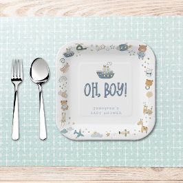 Plato De Papel Whimsical Oh Boy Watercolor Doodle Baby Shower