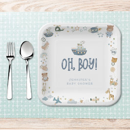 Plato De Papel Whimsical Oh Boy Watercolor Doodle Baby Shower