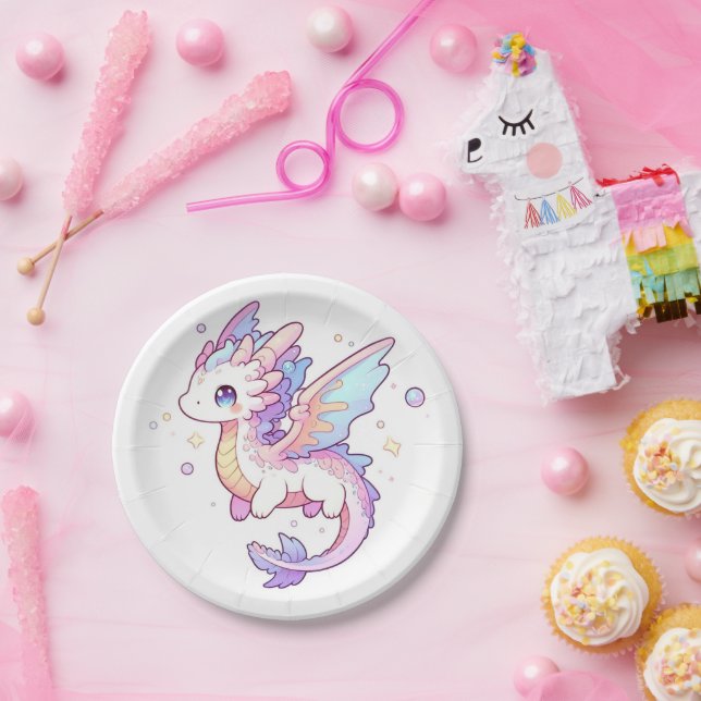 Plato De Papel Whimsical Pastel Dragon Baby Shower (Fiesta)