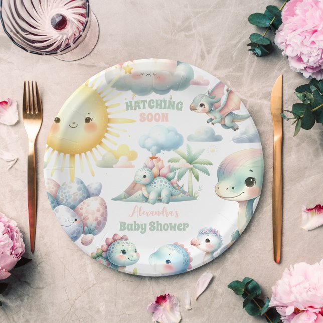 Plato De Papel Whimsical Pastel Hatching Pronto Dino Baby Shower (Subido por el creador)
