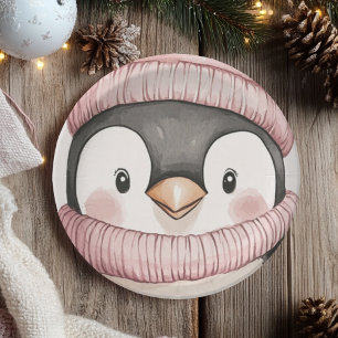 Plato De Papel Whimsical Penguin Birthday   Rosa antiguo 