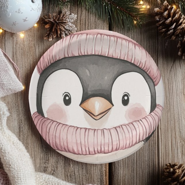 Plato De Papel Whimsical Penguin Birthday | Rosa antiguo  (Subido por el creador)