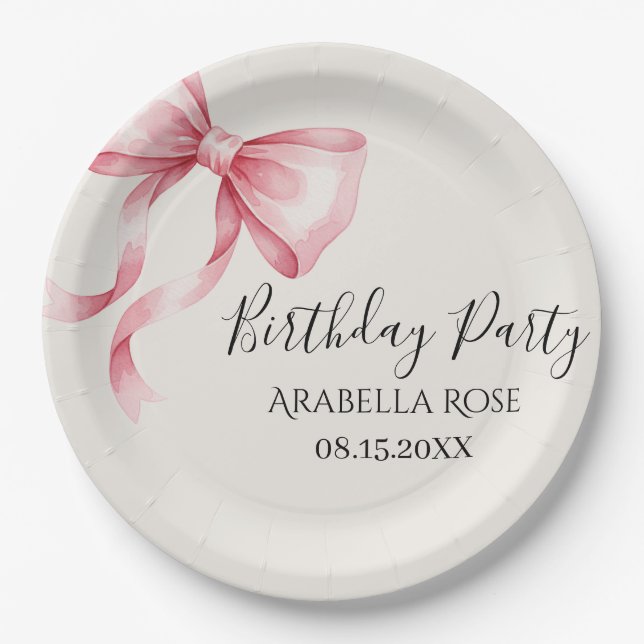 Plato De Papel Whimsical Pink Bow Birthday Party (Anverso)