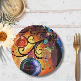 Plato De Papel Whimsical Pink Elf & Christmas Tree Baby Shower 
