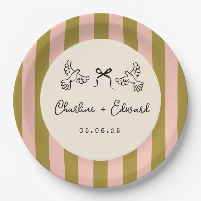 Plato De Papel Whimsical Pink Green Striped Scribble wedding (Anverso)