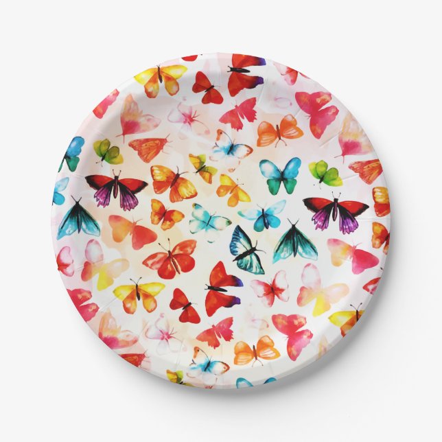 Plato De Papel Whimsical Rainbow Forest Butfly acuarela (Anverso)