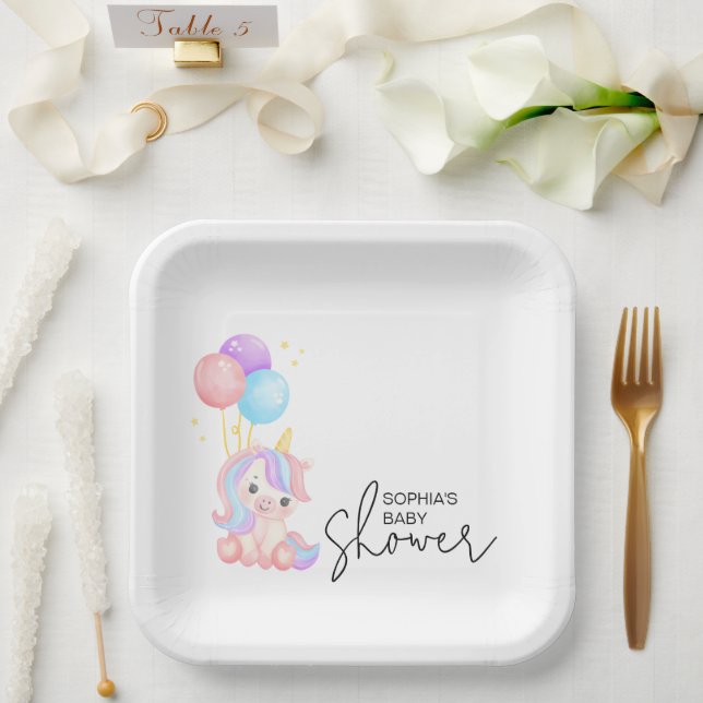 Plato De Papel Whimsical Rainbow Unicorn Baby Shower Party (Boda)