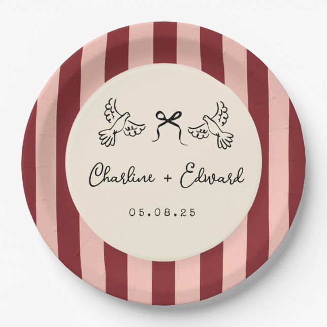 Plato De Papel Whimsical Red and Blush Pink Striped Wedding  (Anverso)