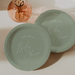 Plato De Papel Whimsical Sage Green Baby Shower<br><div class="desc">Presentamos nuestros caprichosos platos de papel de bebé verde de salvia, perfecto para su simple celebración moderna de boho en cualquier temporada del año! Este plato presenta una moda de boho, un ambiente neutro con caligrafía elegante y un delicado diseño minimalista, ideal tanto para chicas como para niños. Además, es...</div>