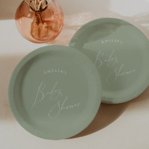 Plato De Papel Whimsical Sage Green Baby Shower