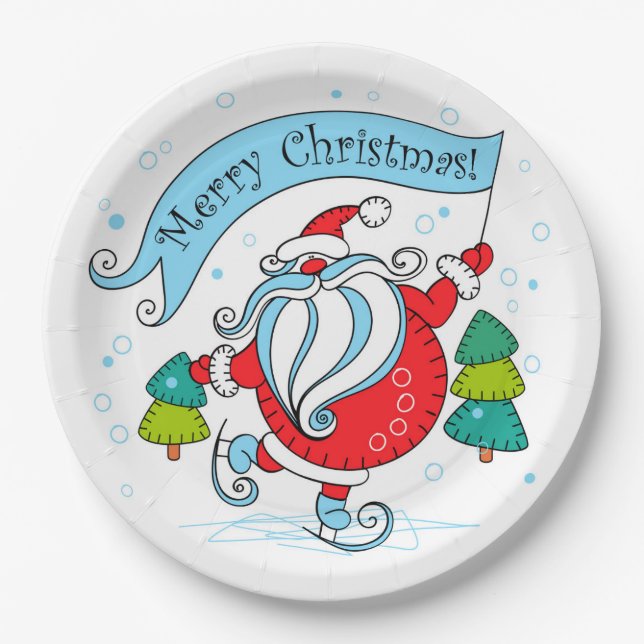 Plato De Papel Whimsical Skating Santa Claus | Feliz Navidad (Anverso)
