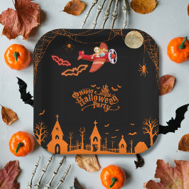 Plato De Papel Whimsical Skeleton Flying Airplane Fiesta Hallowee