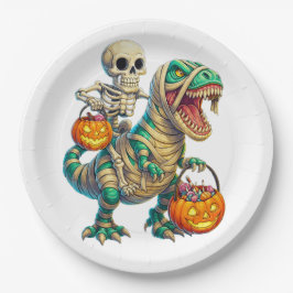 Plato De Papel Whimsical Skeleton Riding Mummy T-Rex Halloween