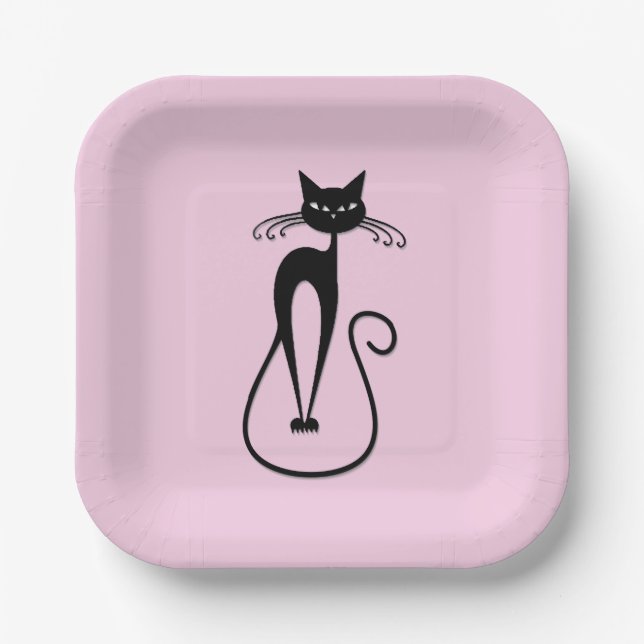 Plato De Papel Whimsical Skinny Black Cat Rosa (Anverso)