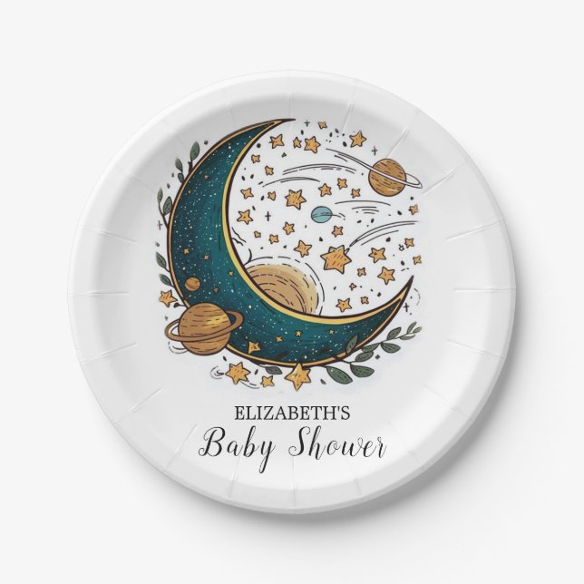 Plato De Papel Whimsical Space Stars Baby Shower (Anverso)