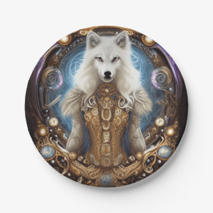 Plato De Papel Whimsical steampunk con encanto lobo blanco