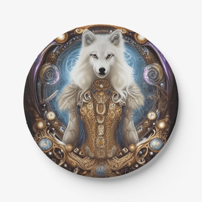 Plato De Papel Whimsical steampunk con encanto lobo blanco (Anverso)