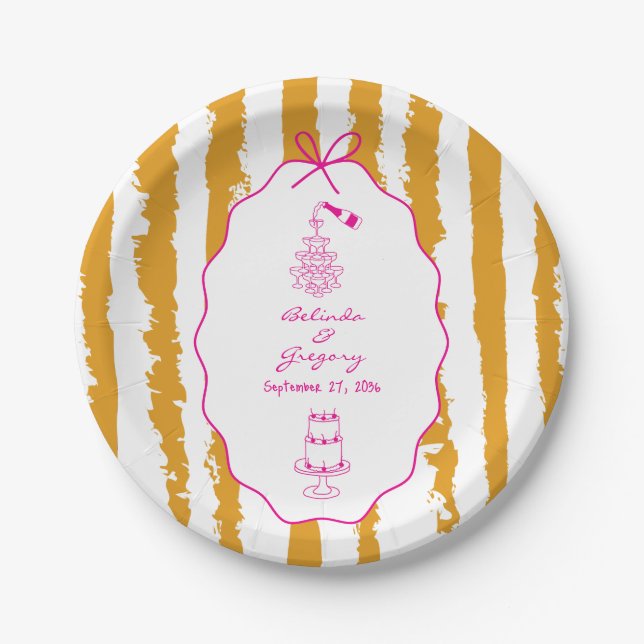 Plato De Papel Whimsical Stripes Handwritten Painted Wedding  (Anverso)
