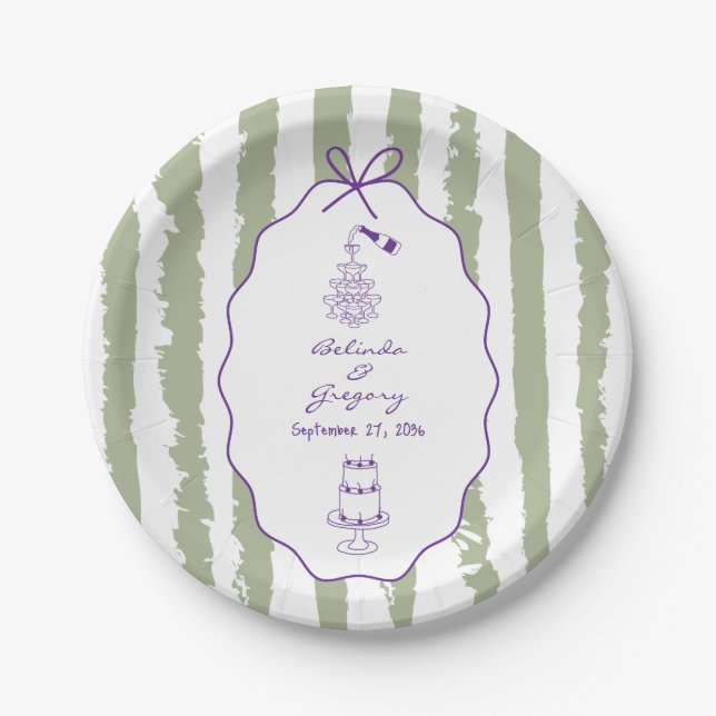 Plato De Papel Whimsical Stripes Handwritten Painted Wedding  (Anverso)